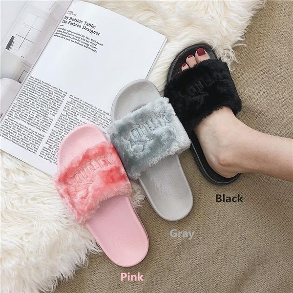

ladies slippers sandals outdoor fluffy beach flip flops women furry shoes rubber home house indoor slides footwear 2021, Black