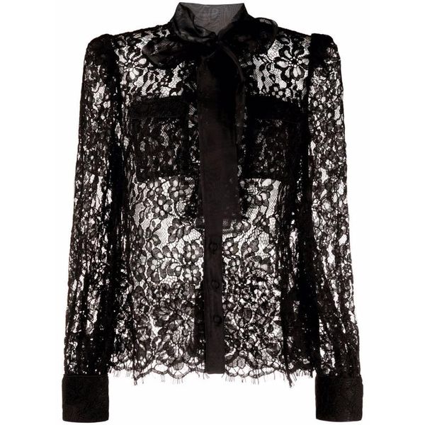 

women's blouses & shirts black blouse women 2021 fashion designer bows long sleeve see through lace sheer shirt top, White