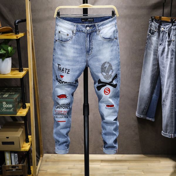 

Jeans Men's Fashion Brand Skull Drill Printed Broken Holes Scraped Leggings, Blue