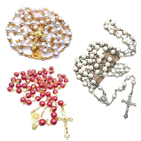 

pendant necklaces 4mm catholic rosary metal and pearl beads necklace jewelry religious bead blessed virgin mary with jesus cross, Silver