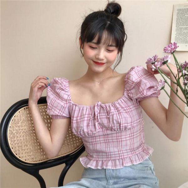 

sweet pink plaid blouse crop women shirt square neck puff sleeve petite summer chemise femme chemisier blusa mujer women's blouses, White