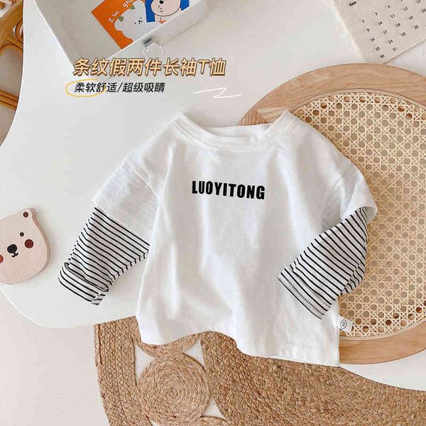 

children's white t-shirts 2021 autumn new arrivals baby cartoon fake two-piece t-shirts children's western style long sleeves g120, Blue