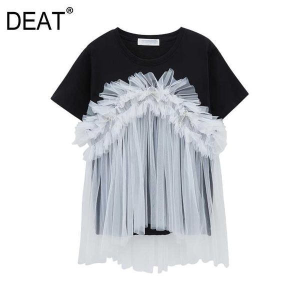 

[deat] summer fashion chic round neck splicing net yarn short sleeve personality women t-shirt 13c675 210527, White