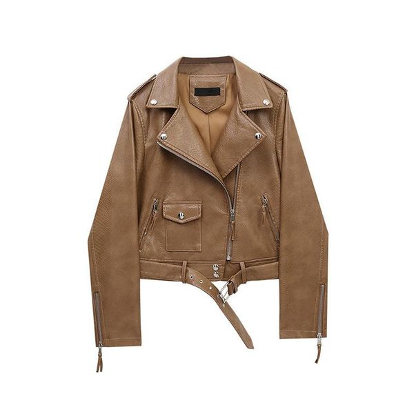 

women's leather & faux korean lapel long sleeve khaki snake print pu coat plus belt slim biker jacket spring autumn casual mujer chaque, Black