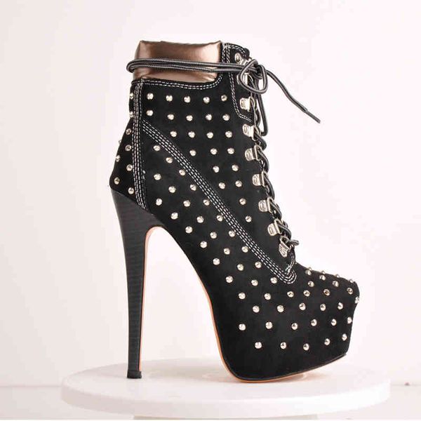 

boots women's rivet booties stiletto 16cm high heel platform lace up spike ankle boots shoes, Black