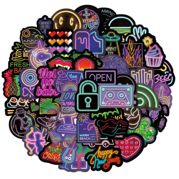 

50 pcs creative neon lights graffiti waterproof skateboard travel suitcase phone lapluggage stickers cute kids girl toys