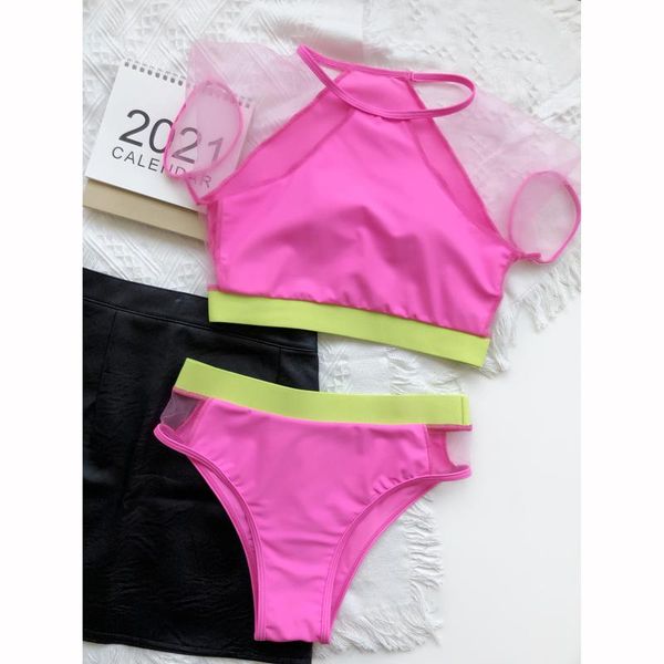 

women's swimwear high waist women mesh hollow bikini 2022 push up swimsuit female brazilian set short sleeve bathing suit, White;black