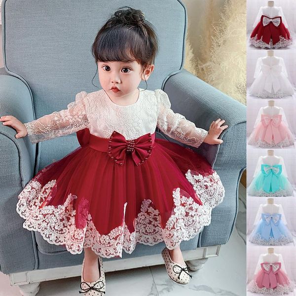 

girl's dresses 2021 bow born baby girl dress first birthday christening party long sleeve wedding toddler fall clothes, Red;yellow
