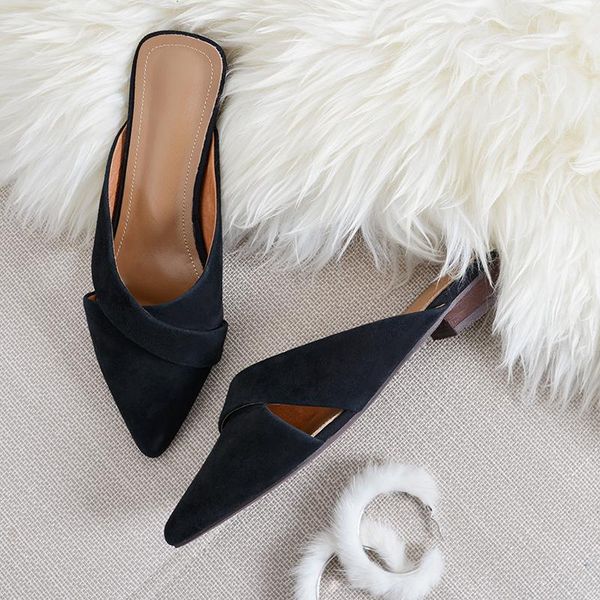 

autumn women slippers flock female mules fashion low heels shoe pointed toe plus size elegant woman slipper, Black