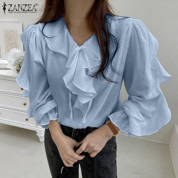 

women's blouses & shirts casual loose o neck blouse plus size zanzea solid ruffle tunic autumn elegant white ol blusa 2021 fashion wome