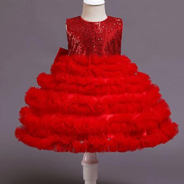 

flower girls dresses illusion sleeveless o-neck tulle lace sequined knee-length luxury champagne kids party princess gown f526 girl's, Red;yellow