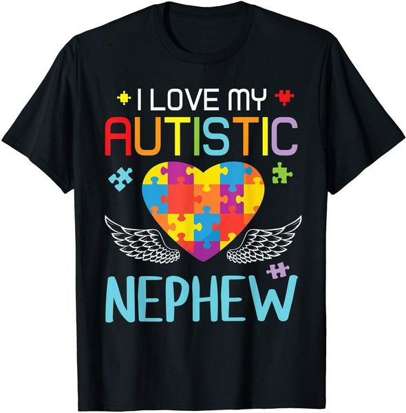 

big autism puzzle heart i love my autistic nephew aunt uncle men boys t-shirt, White;black
