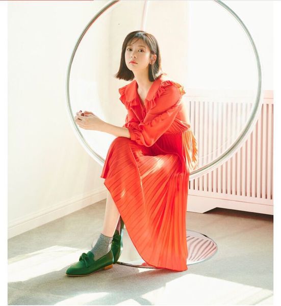 

orange shirt women es summer peter pan collar three quarter sleeve ruffles chiffon ladies pleated midi robes, Black;gray