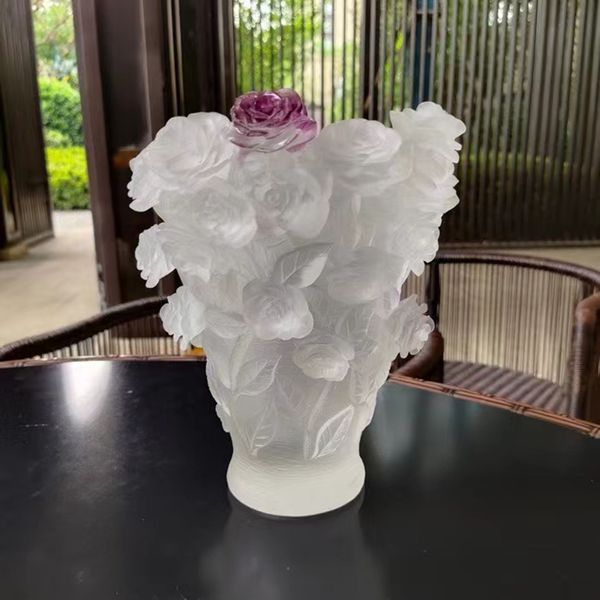 Rosas de cristal de luxo EAtern flores vaso sala de estar transparente decoração de casa acessórios mesa tradicional esmalte colorido flor vasos tabela artesanato de vidro