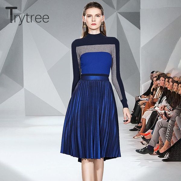 

two piece dress trytree autumn winter set casual turtleneck knitting slim fit + skirt knee-length pleated a-line 2, White