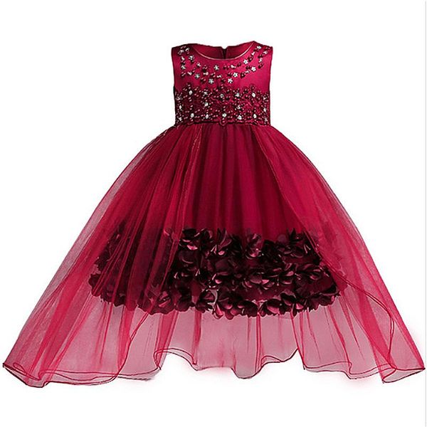 

girl's dresses flower girls princess birthday christmas party clothes kid satin pearl floral wedding wear ball gown for baby children, Red;yellow