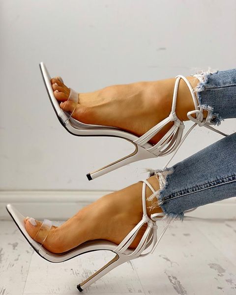 

transparent strap lace-up ankle thin heeled sandals white heels, Black