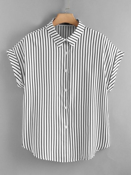 

plus striped print button front blouse z70s#, Black