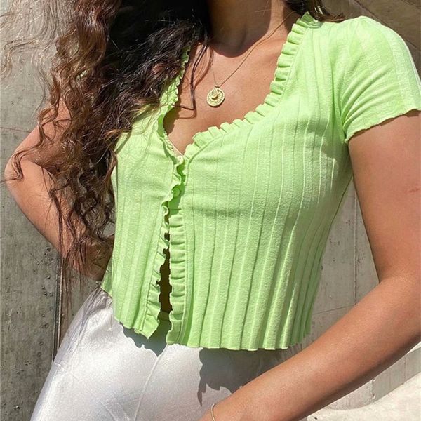 

dress 2021 summer girls y2k light-skinned green neckline cotton short female sweetly drooled button cut-off top, White