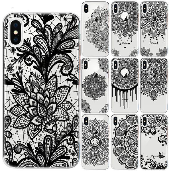 

black floral tpu case for coque iphone xr xs max 2020 se x xs 6 6s 7 8 plus mandala lace flower cover for iphone 11 pro max