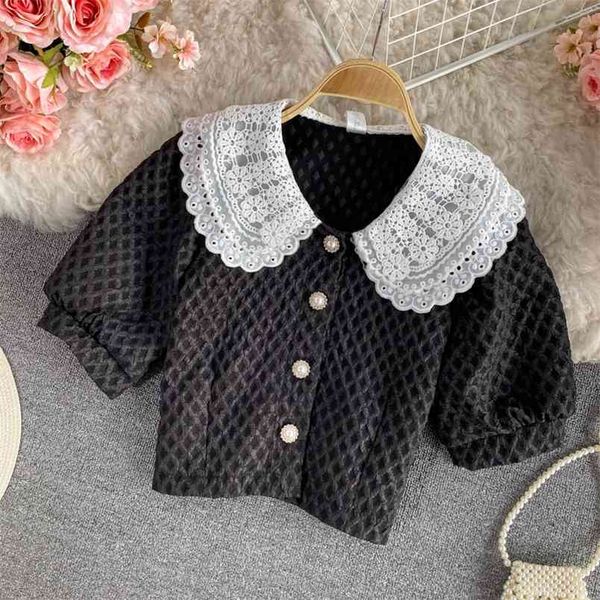 

korean french lace hit color patchwork peter pan collar blouse causal short women shirt summer puff sleeve crop 210514, White