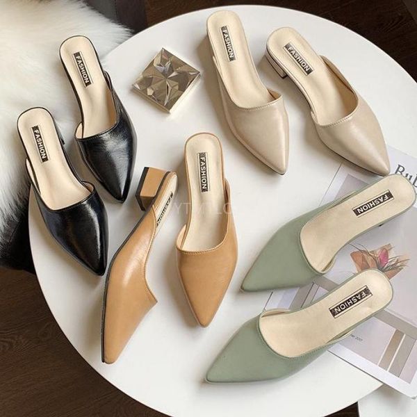 

summer fashion women pointed toe slipper square low heels outsides ladies slides beach mules shoes zapatillas slippers, Black