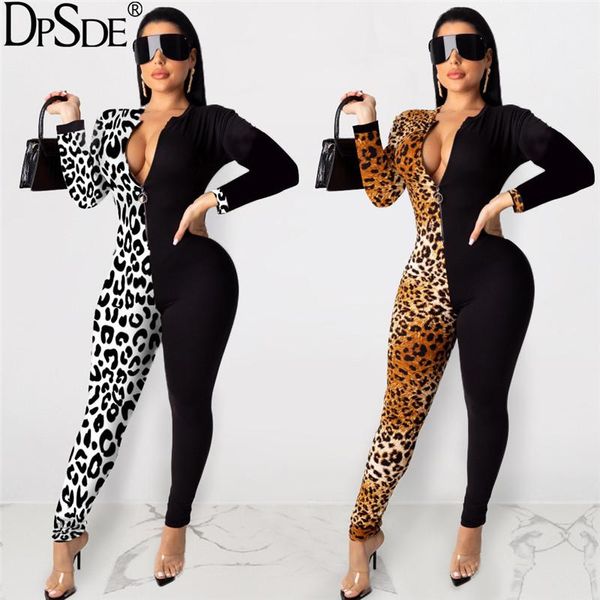 

women's jumpsuits & rompers dpsde fashion tribal peoples style long sleeve zipper joining together leopard grain tight pants, Black;white