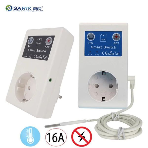

smart home control 16a gsm socket sms app power on off alarm outlet relay switch remote intelligent temperature sensor
