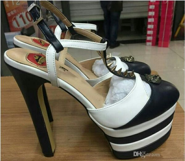 

high platform spiked stud rivets sandals genuine leather designer women summer gladiators size 41, Black