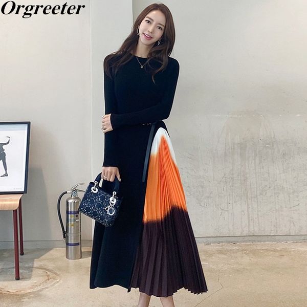 

chic gradient patchwork pleated mid-length knitted dresses women spring fall elegant turtleneck big swing sweater dress female 210525, Black;gray