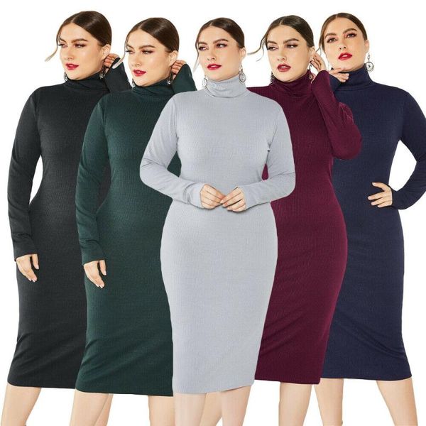 

casual dresses plus size women knit turtleneck bodycon pencil stretch sweater dress knitted long sleeve solid color sheath clothing midi, Black;gray