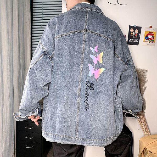 

men's jackets autumn vintage denim jacket men women reflective butterfly print couples outerwear cotton jean coat oversized bomber, Black;brown
