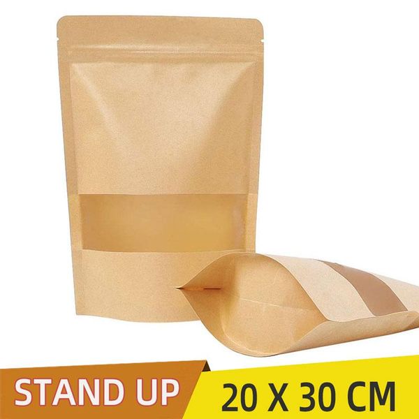 

20x30cm stand up pouch bags,kraft with tear notch and matte window, resealable storage bag bags
