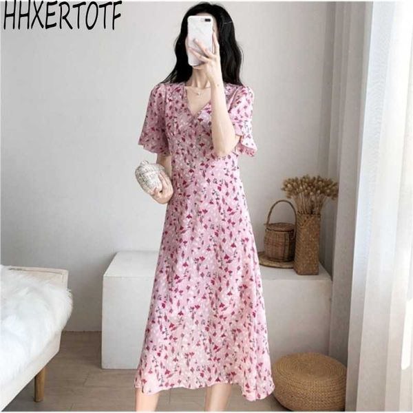 

summer elegant women floral print chiffon vestidos vestido short sleeve v neck beach dress 210531, Black;gray