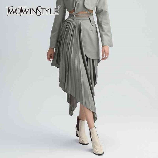 

twotwinstyle irregular hem skirt for women high waist patchwork pleated plus size loose a line skirts female fashion style 210331, Black