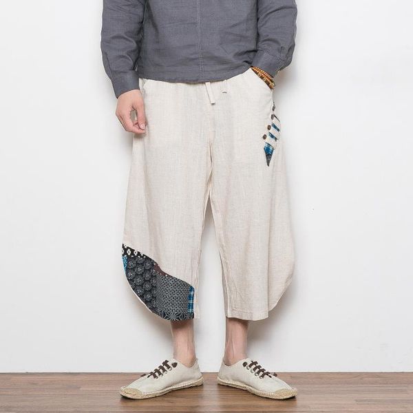 

men's pants men summer loose linen knee length harem male casual board short m-5xl, Black