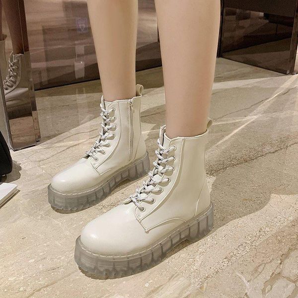 

boots fashion autumn women's ankle platform zipper thick bottom ladies shoes lace up cross tie non slip female footwear pu solid, Black