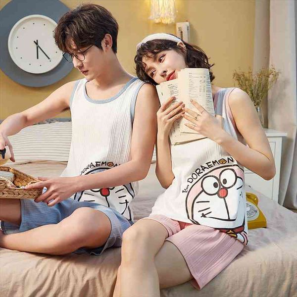 

sweet couple pajamas set summer japanese doraemon anime sleeveless vest home wear kawaii cotton 2pcs set women cartoon sleepwear, Black;red