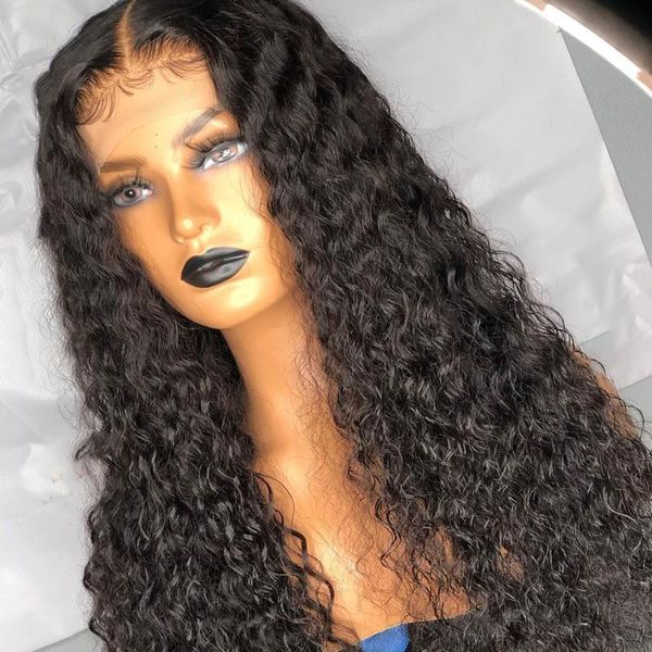 

curly lace frontal wig 13x6 front human hair preplucked 250% water wave medium brown closure wigs, Black;brown