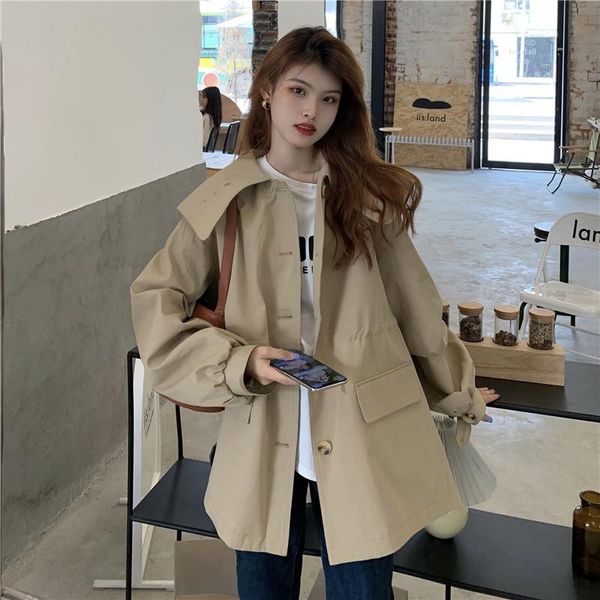

women's trench coats brand korean fashion 2021 autumn spring casual single breasted drawstring long coat pocket female windbreaker khak, Tan;black