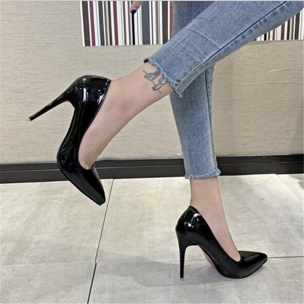 

dress shoes 10cm red color pointed high heels stiletto shallow mouth black patent leather work women's plus size 34-43