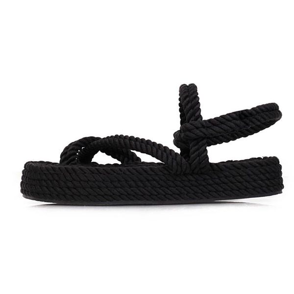 

bohemian sandals for women flat linen rope platform female open toe slip-on shoe tenis feminino plataforma 2021 fashion, Black