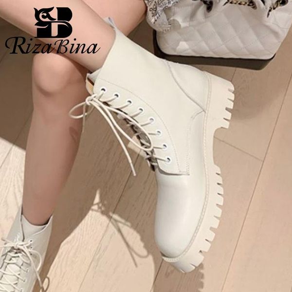 

boots rizabina size 34-43 ankle women real leather shoes lace up solid color 2022 arrival female short boot fashion footwear, Black