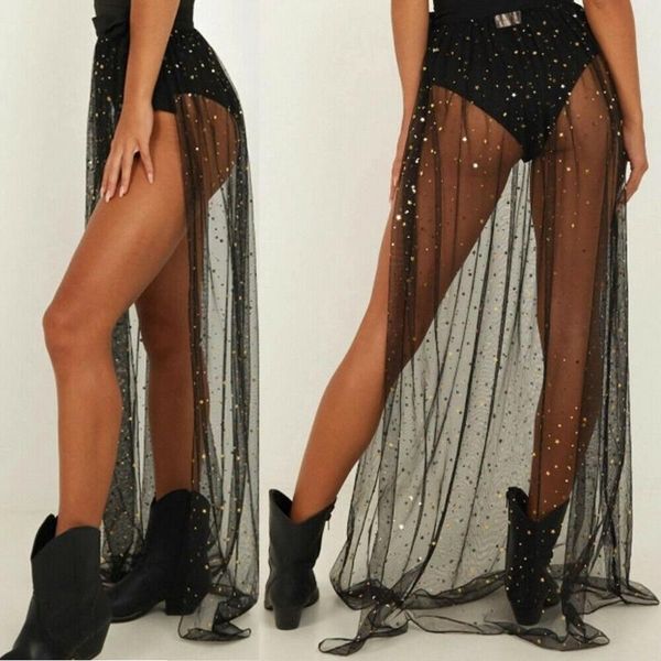 

women's swimwear 2021 women shiny sequins bikini cover up swimsuit beach transparent half skirt sarong mesh maxi beachwear, White;black