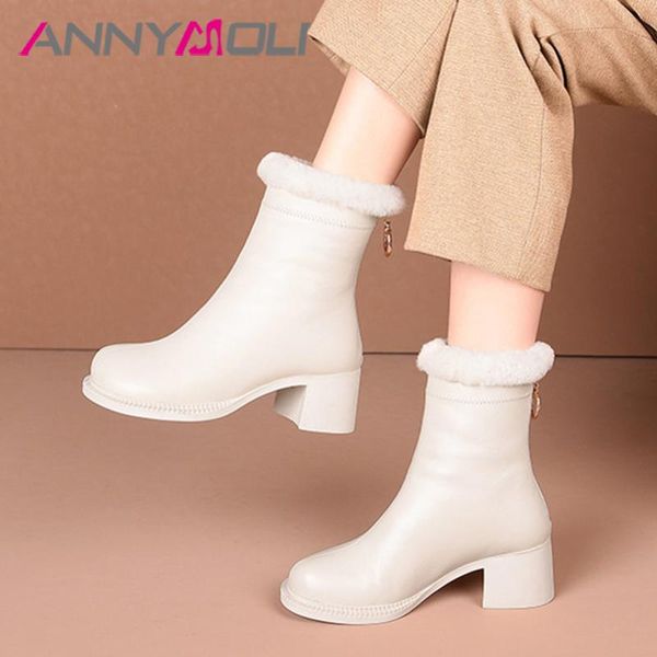 

boots annymoli ankle genuine leather high heel women thick short zip female shoes autumn winter beige size 41, Black