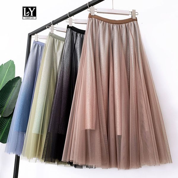 

suits spring women tulle high elegant long pleated skirt elastic waist slim female party skirts, Black