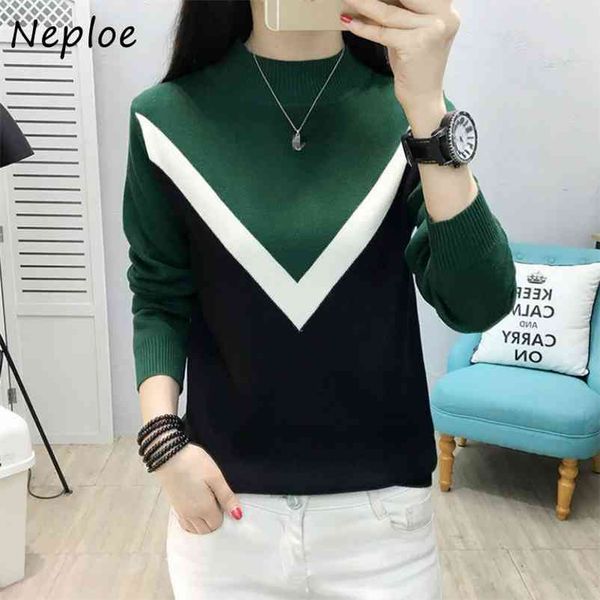 

chic panelled print sweater women autumn half-high collar slim fit pullovers fresh fashion knitted femme 210422, White;black