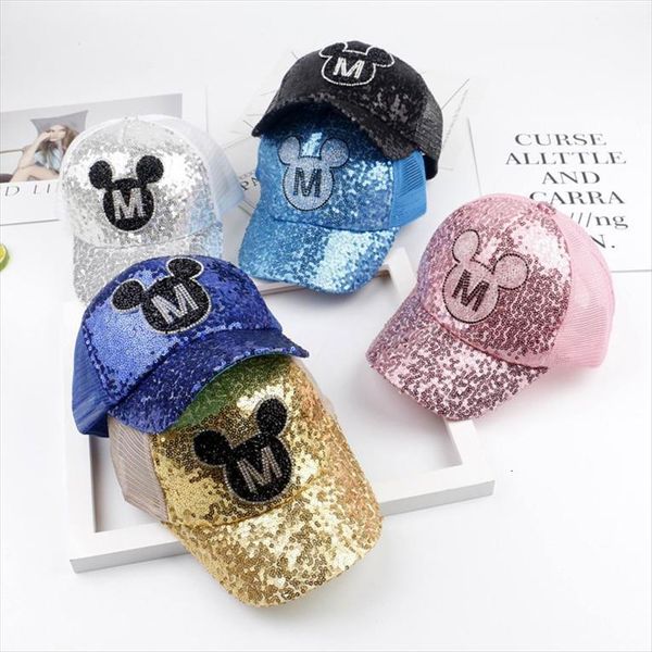 

children cartoon baseball cap girls sequined rhinestones snapback sun protection caps mesh kids baby trucker hat, Blue;gray