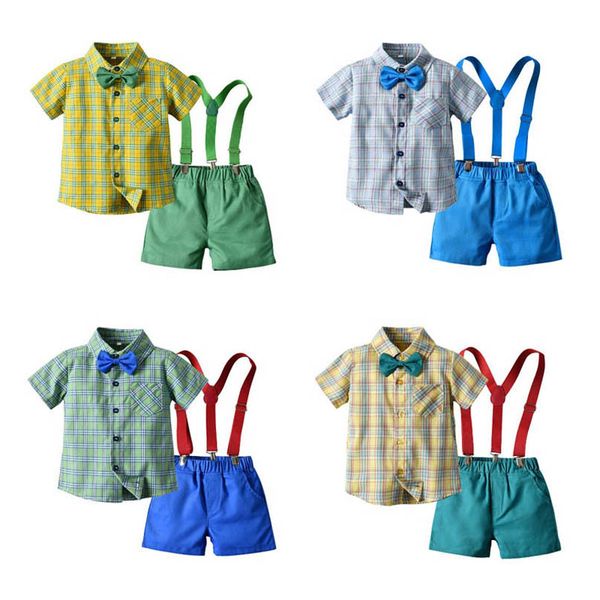 

kids clothing sets boys suits children outfits summer cotton short-sleeved plaid shirt shorts pants 2pcs set suit b6908, White