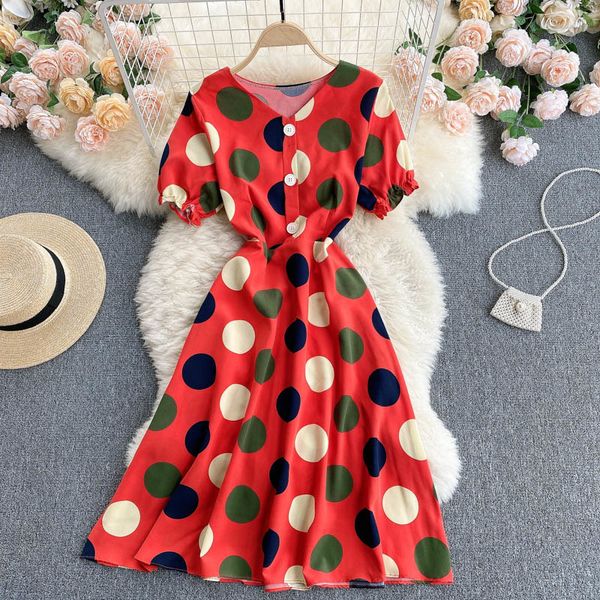 

singreiny women korean dot dress sweet puff sleeve v neck button a-line dresses summer casual fashion streetwear short dress 210419, Black;gray